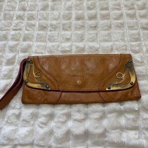Claudia Firenze Brown Leather Wristlet Clutch Brass Hardware